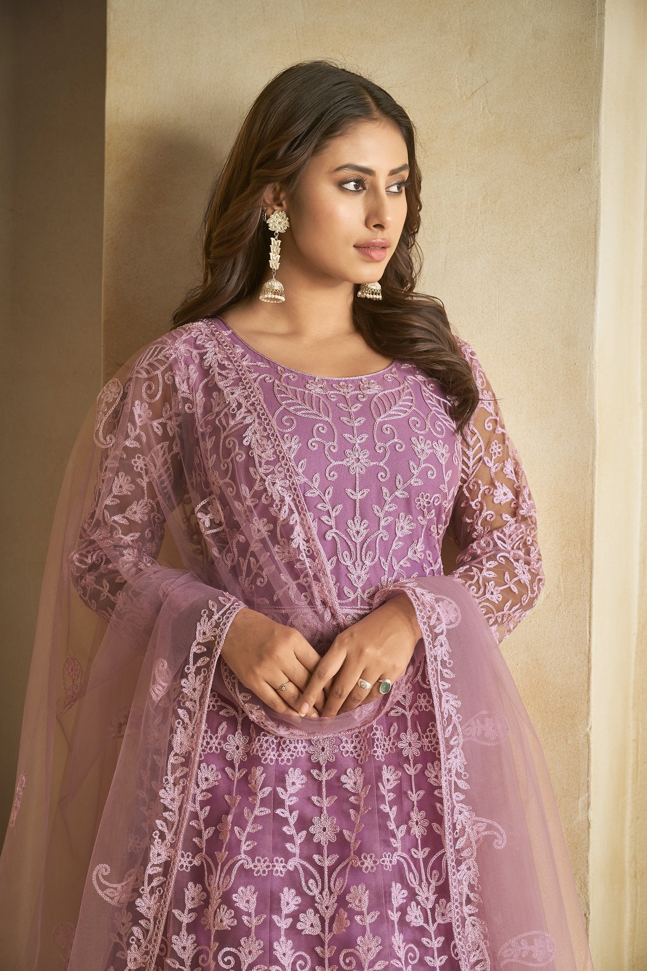 Light Purple Net Anarkali Suit