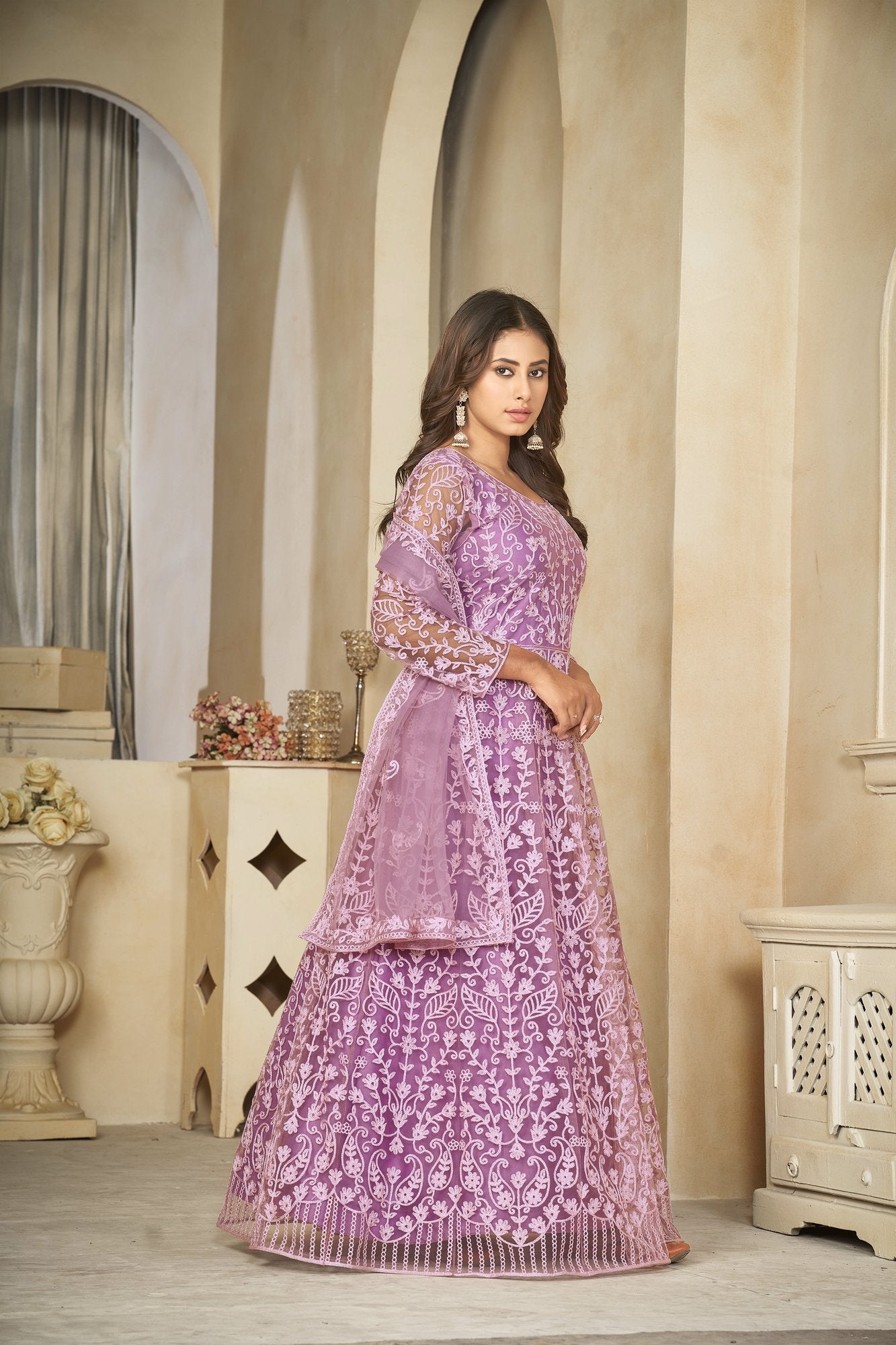 Light Purple Net Anarkali Suit