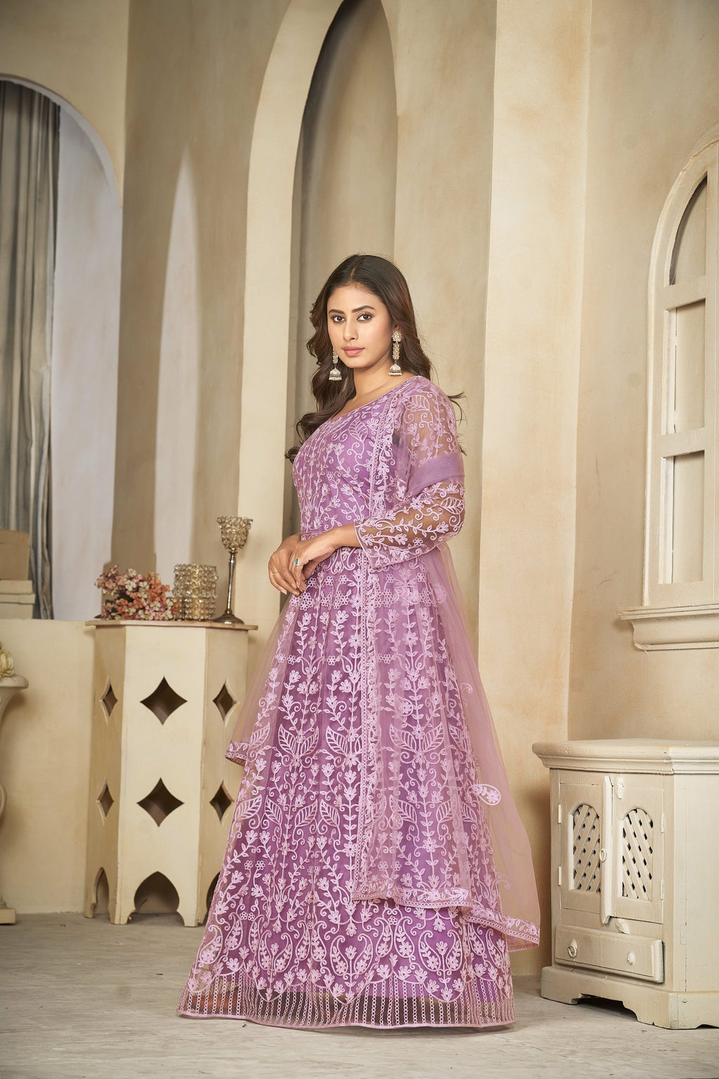 Light Purple Net Anarkali Suit