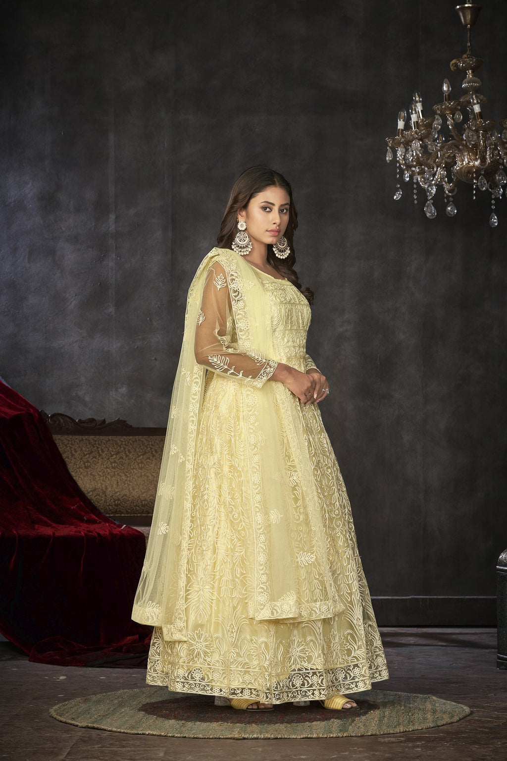 Lightyellow Net Anarkali Suit