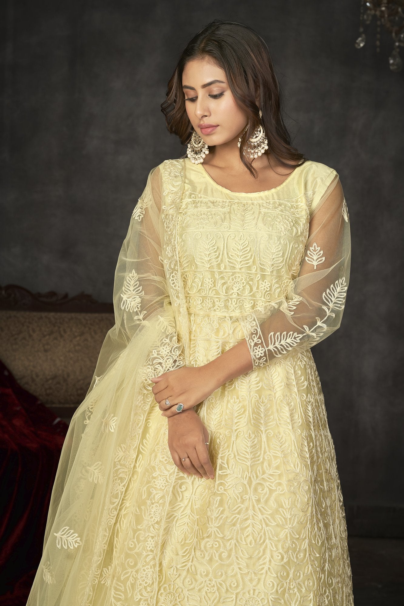 Lightyellow Net Anarkali Suit