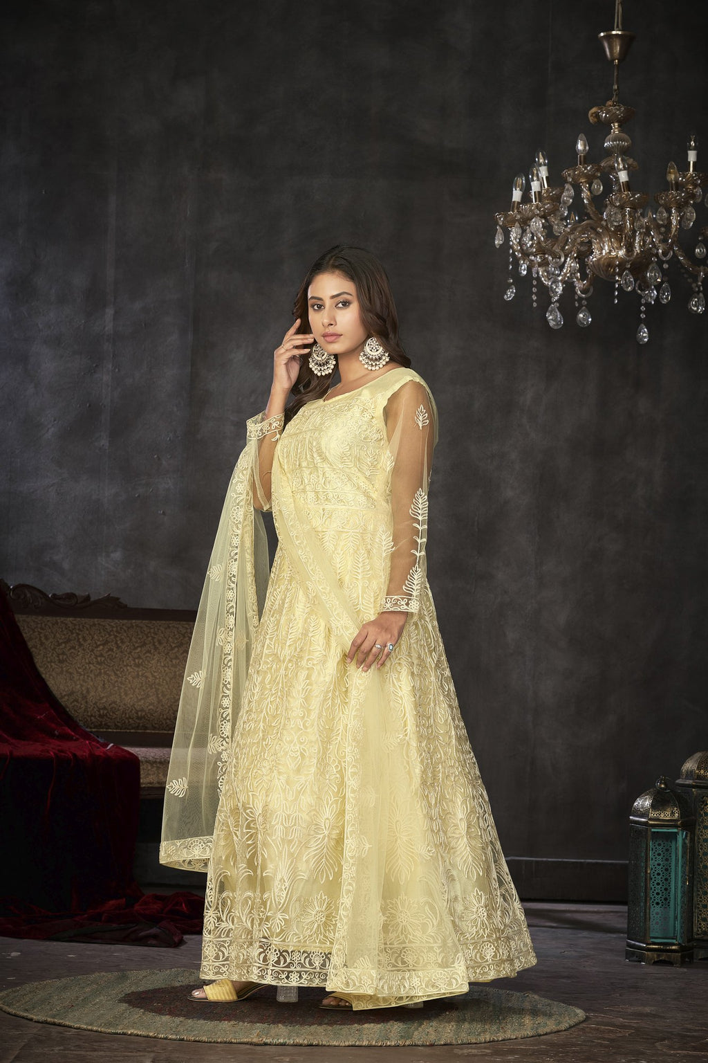Lightyellow Net Anarkali Suit