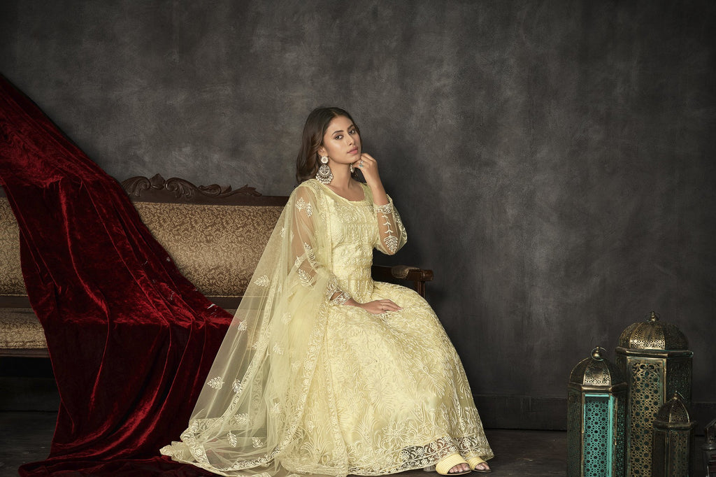 Lightyellow Net Anarkali Suit