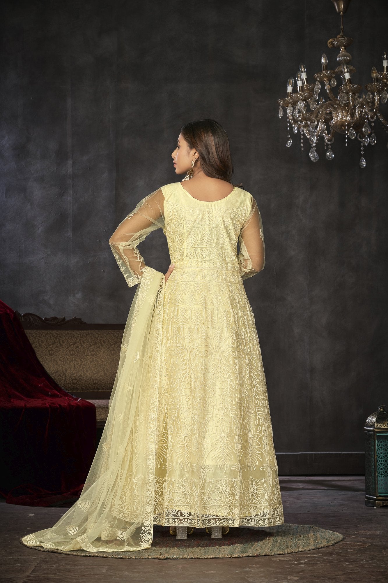 Lightyellow Net Anarkali Suit