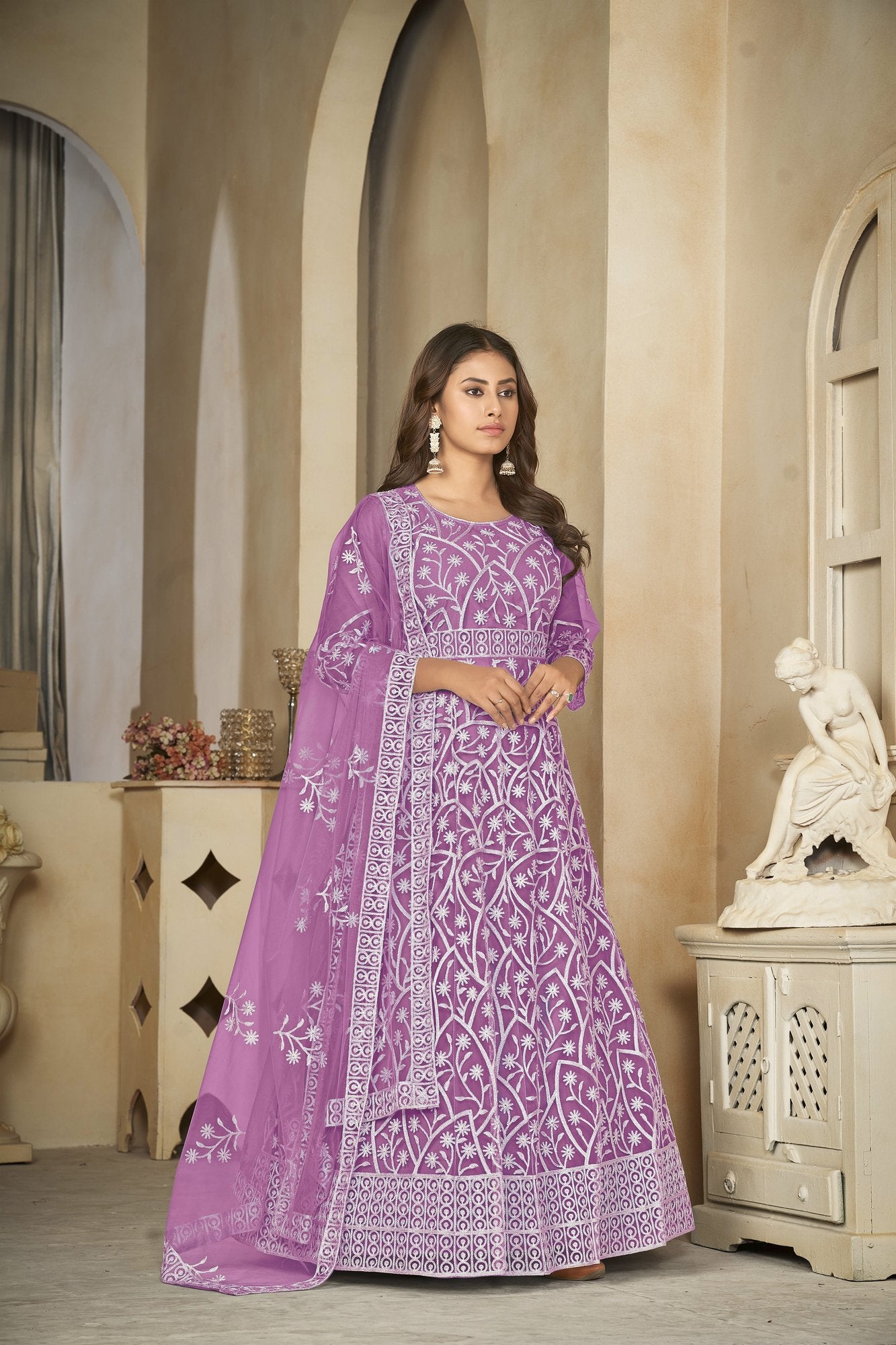 Light Purple Net Anarkali Suit