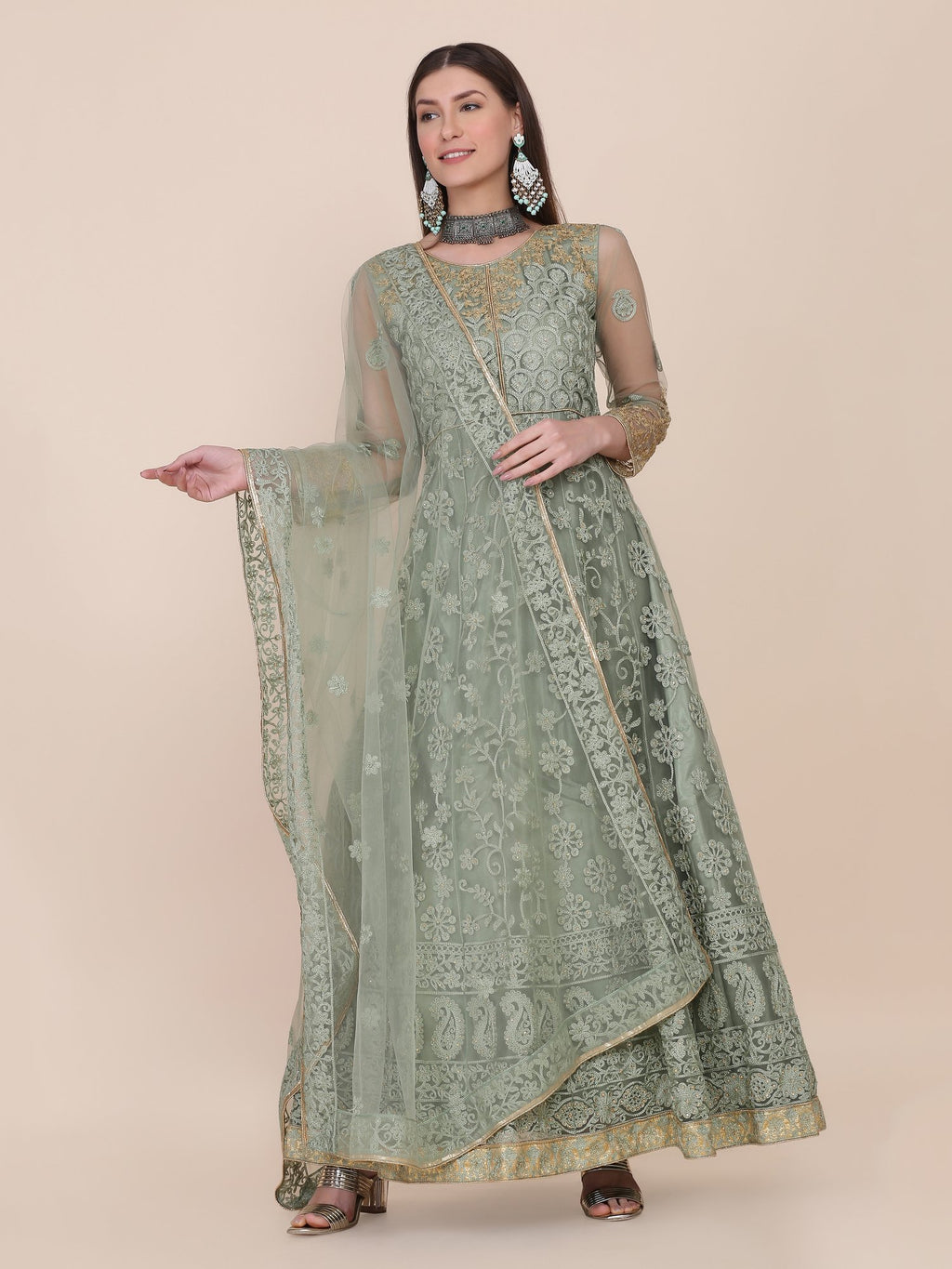 Light Green Net Anarkali Suit