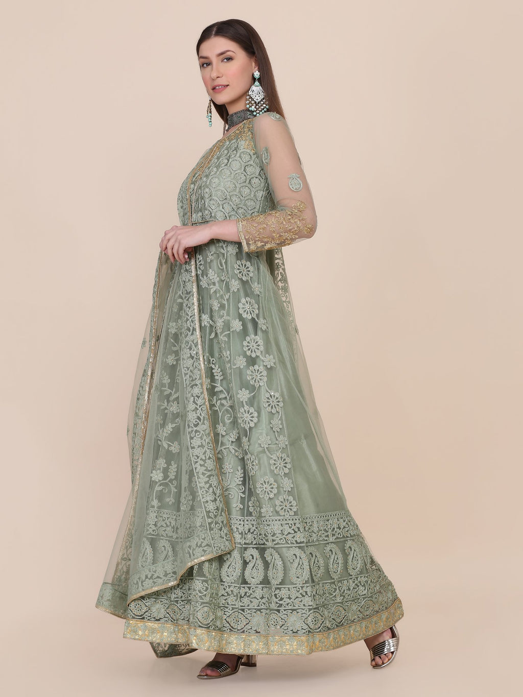 Light Green Net Anarkali Suit