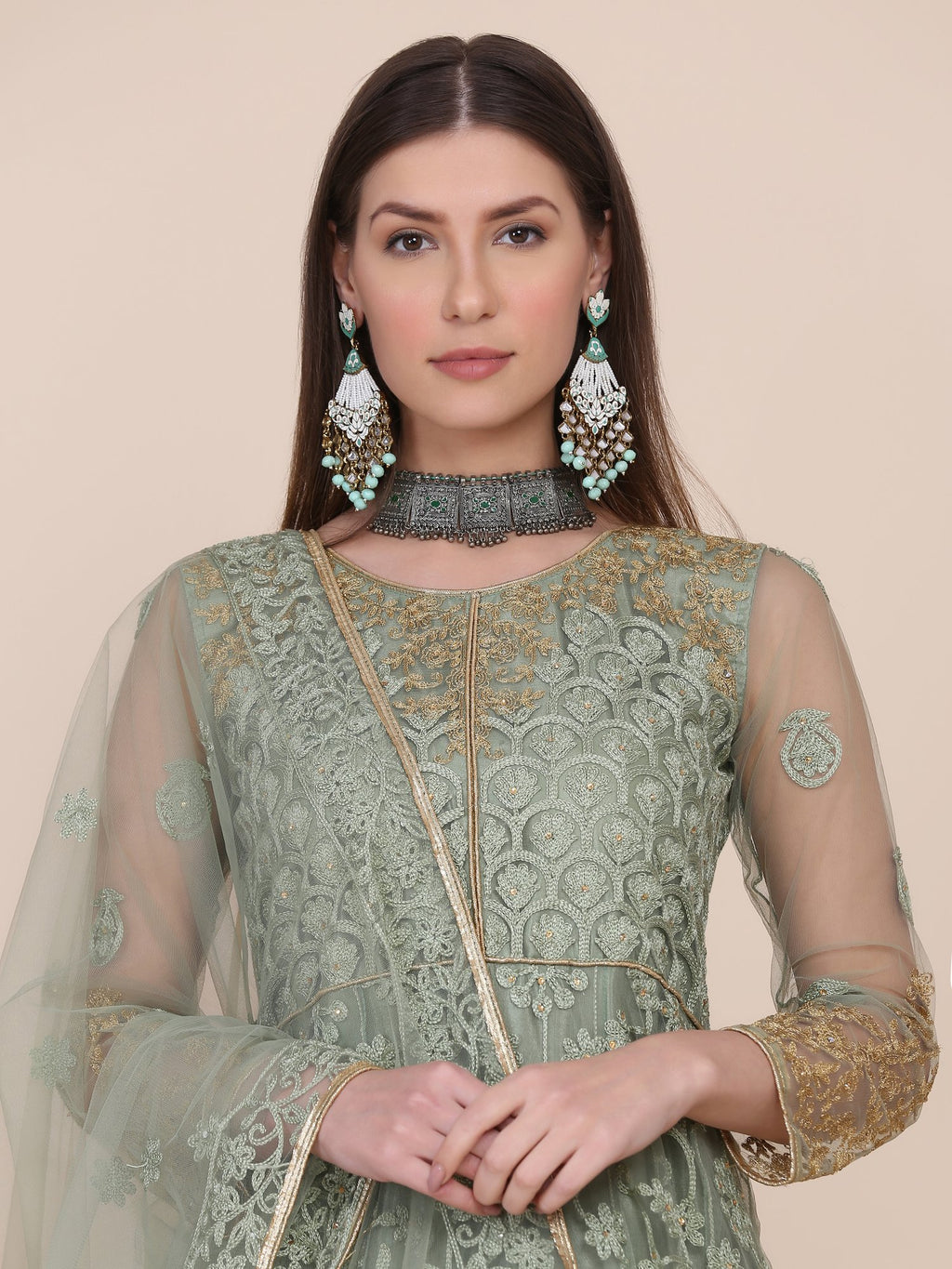 Light Green Net Anarkali Suit