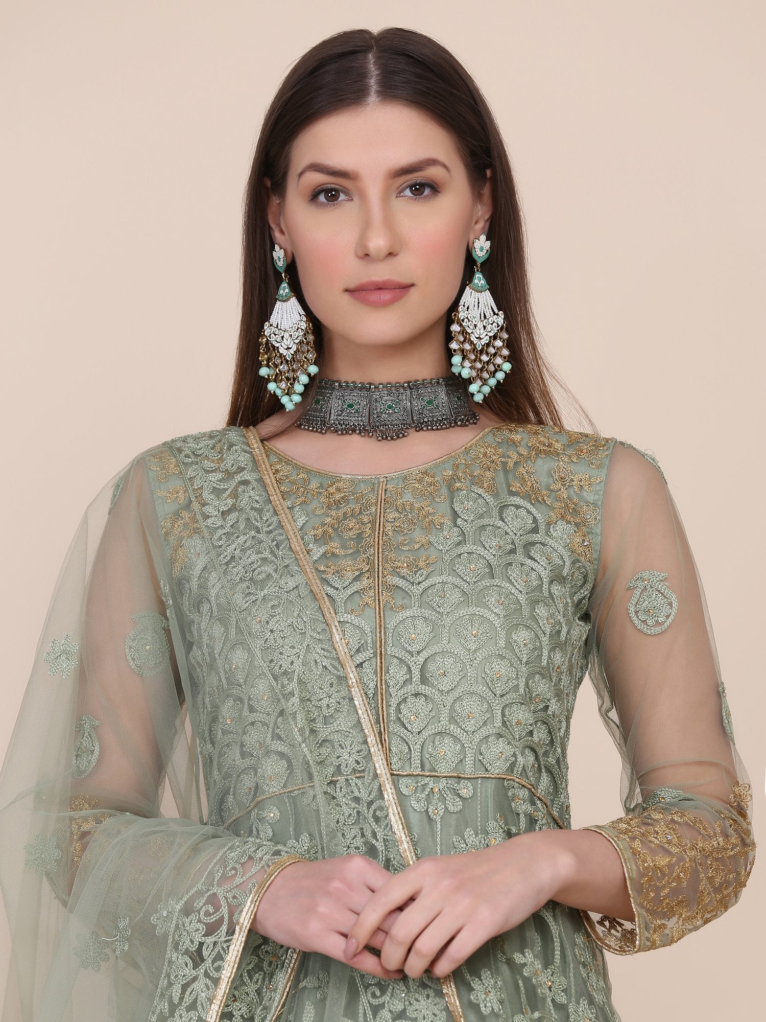 Light Green Net Anarkali Suit