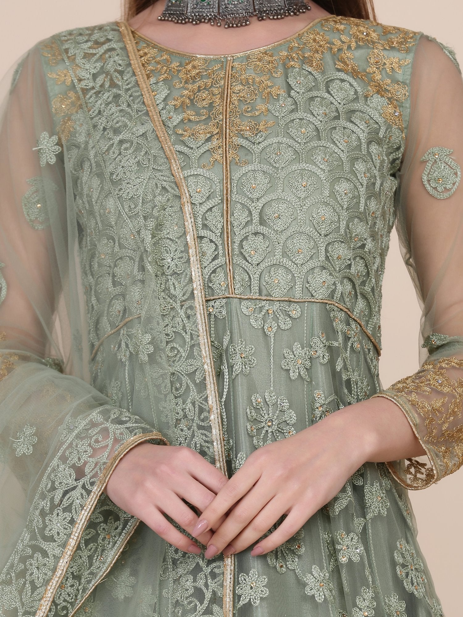 Light Green Net Anarkali Suit
