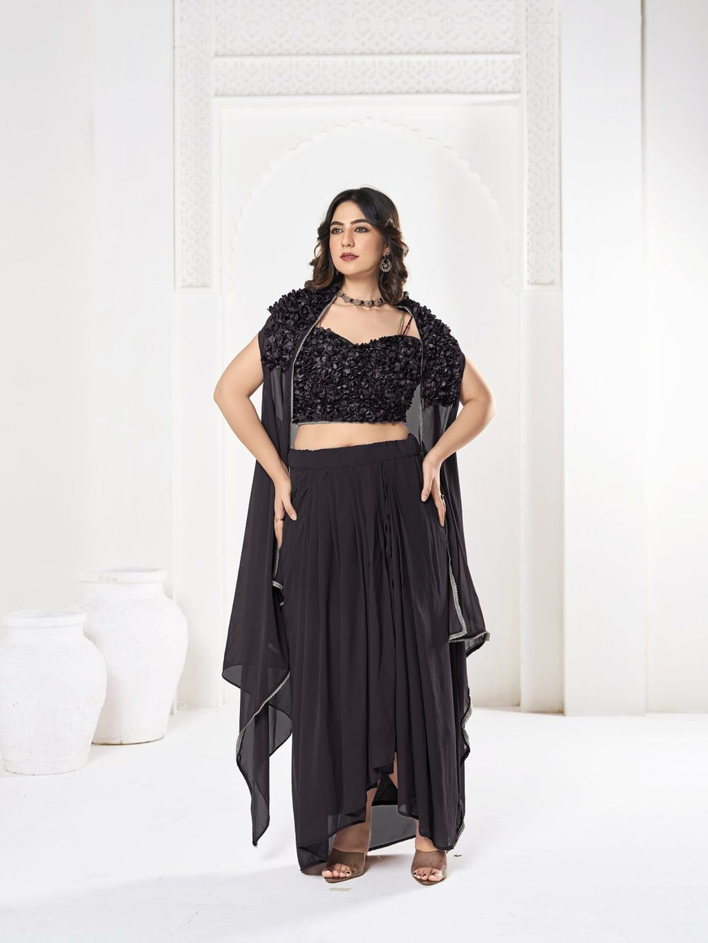 Elegant Black Sequin Embroidered Festive & Party Wear Semi-Stitched Georgette Lehenga Choli with Ruffle Dupatta
