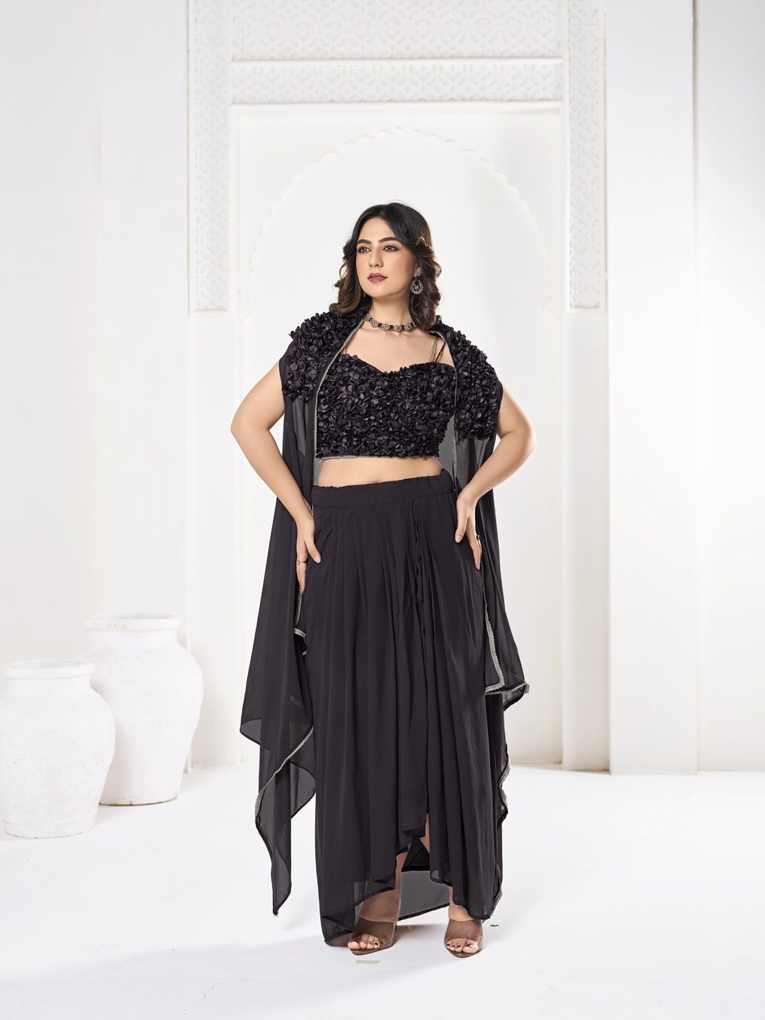 Elegant Black Sequin Embroidered Festive & Party Wear Semi-Stitched Georgette Lehenga Choli with Ruffle Dupatta