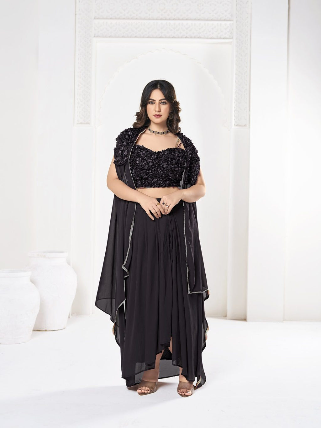 Elegant Black Sequin Embroidered Festive & Party Wear Semi-Stitched Georgette Lehenga Choli with Ruffle Dupatta