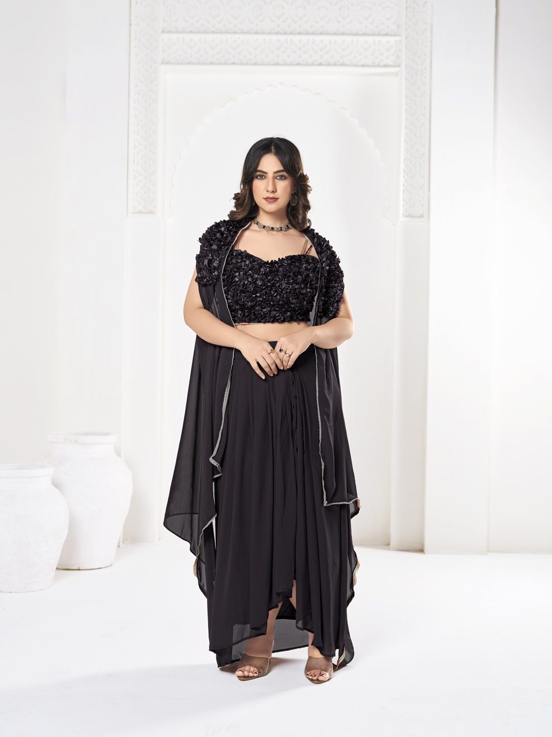 Elegant Black Sequin Embroidered Festive & Party Wear Semi-Stitched Georgette Lehenga Choli with Ruffle Dupatta