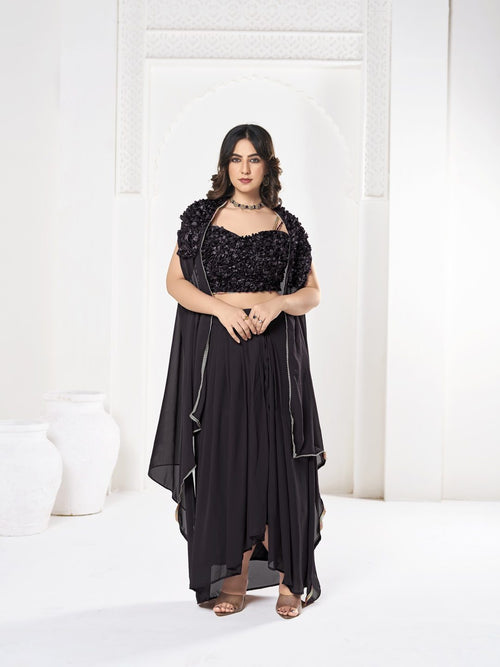 Elegant Black Sequin Embroidered Festive & Party Wear Semi-Stitched Georgette Lehenga Choli with Ruffle Dupatta