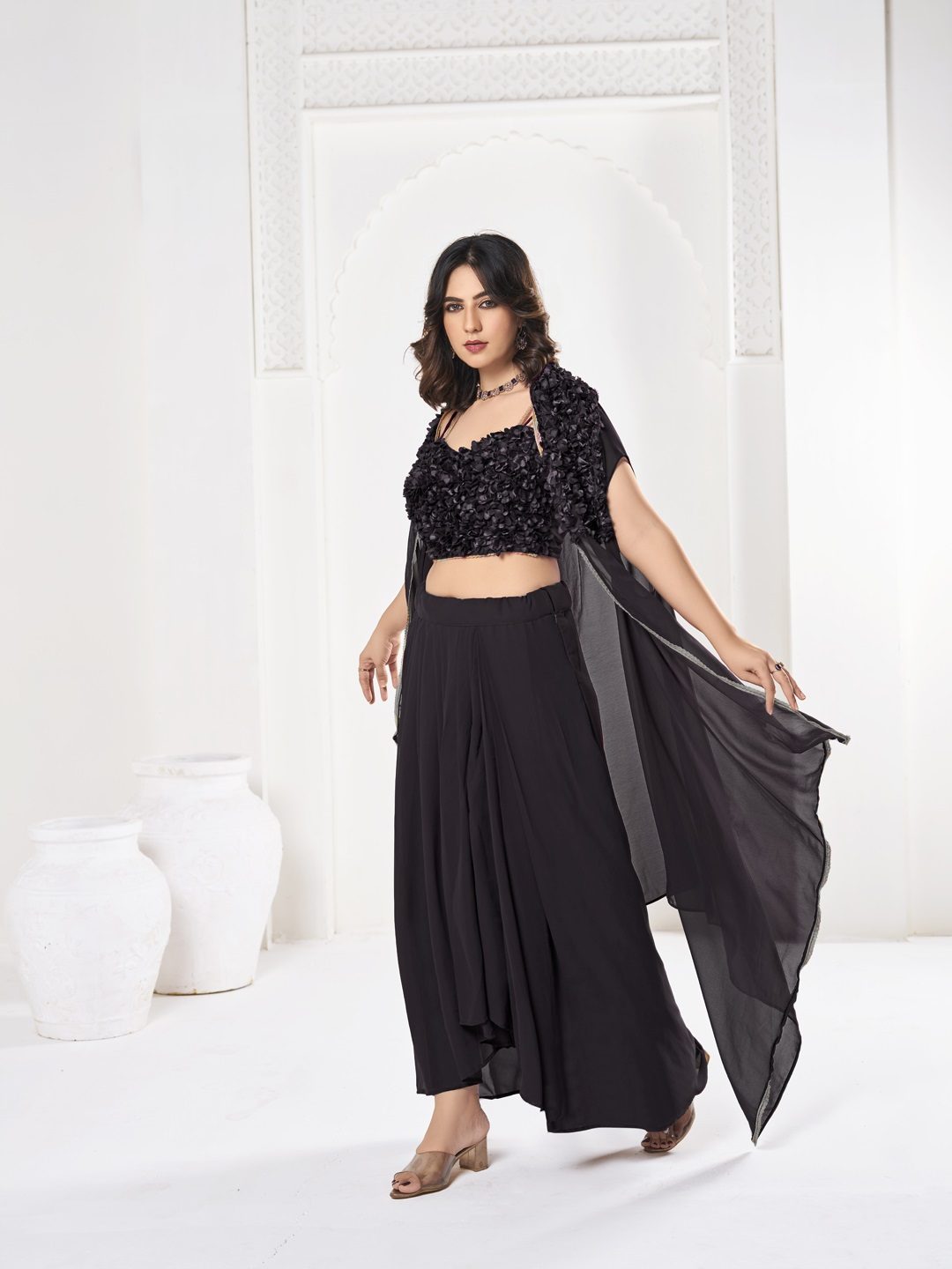Elegant Black Sequin Embroidered Festive & Party Wear Semi-Stitched Georgette Lehenga Choli with Ruffle Dupatta