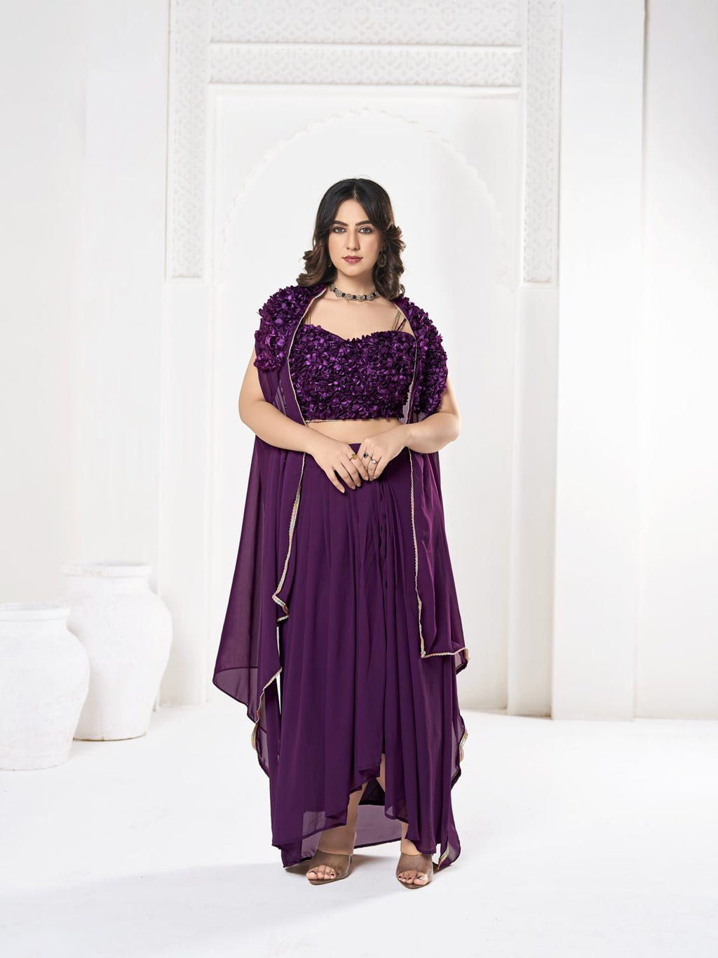 Elegant Purple Sequin Embroidered Festive & Party Wear Semi-Stitched Georgette Lehenga Choli with Ruffle Dupatta
