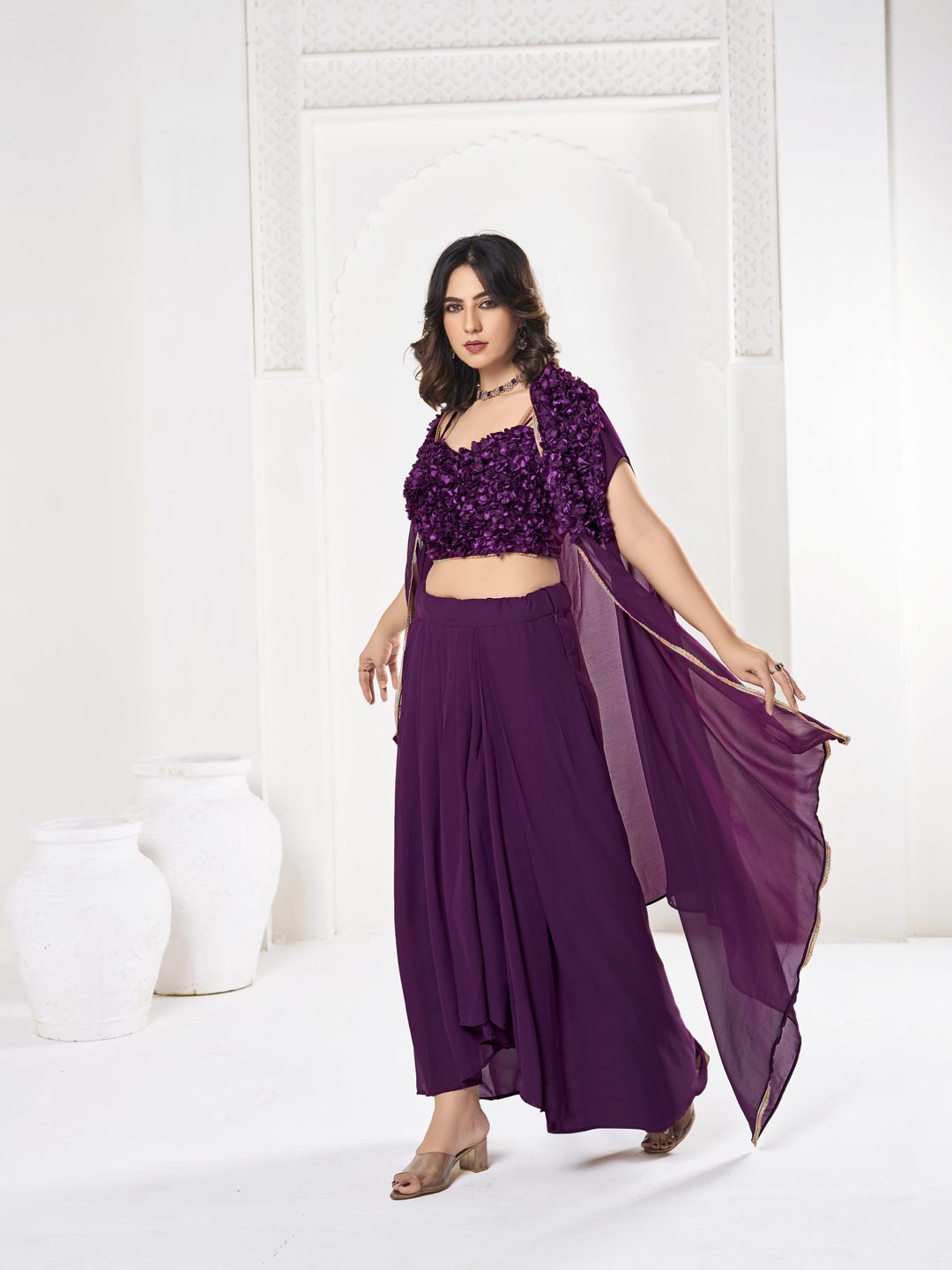 Elegant Purple Sequin Embroidered Festive & Party Wear Semi-Stitched Georgette Lehenga Choli with Ruffle Dupatta