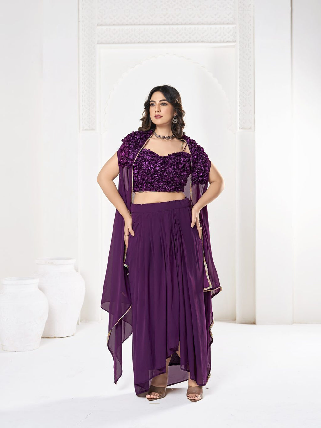 Elegant Purple Sequin Embroidered Festive & Party Wear Semi-Stitched Georgette Lehenga Choli with Ruffle Dupatta