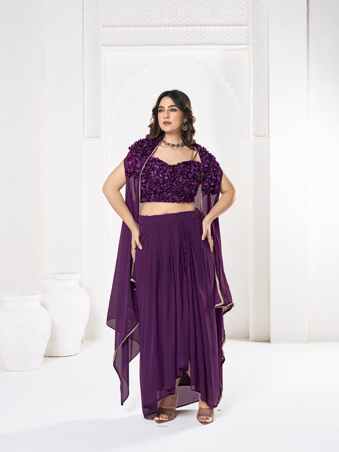 Elegant Purple Sequin Embroidered Festive & Party Wear Semi-Stitched Georgette Lehenga Choli with Ruffle Dupatta