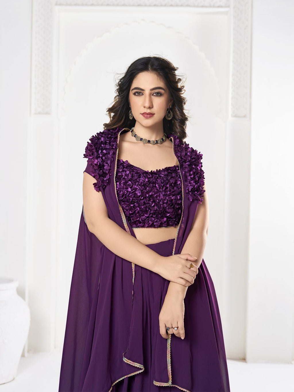 Elegant Purple Sequin Embroidered Festive & Party Wear Semi-Stitched Georgette Lehenga Choli with Ruffle Dupatta