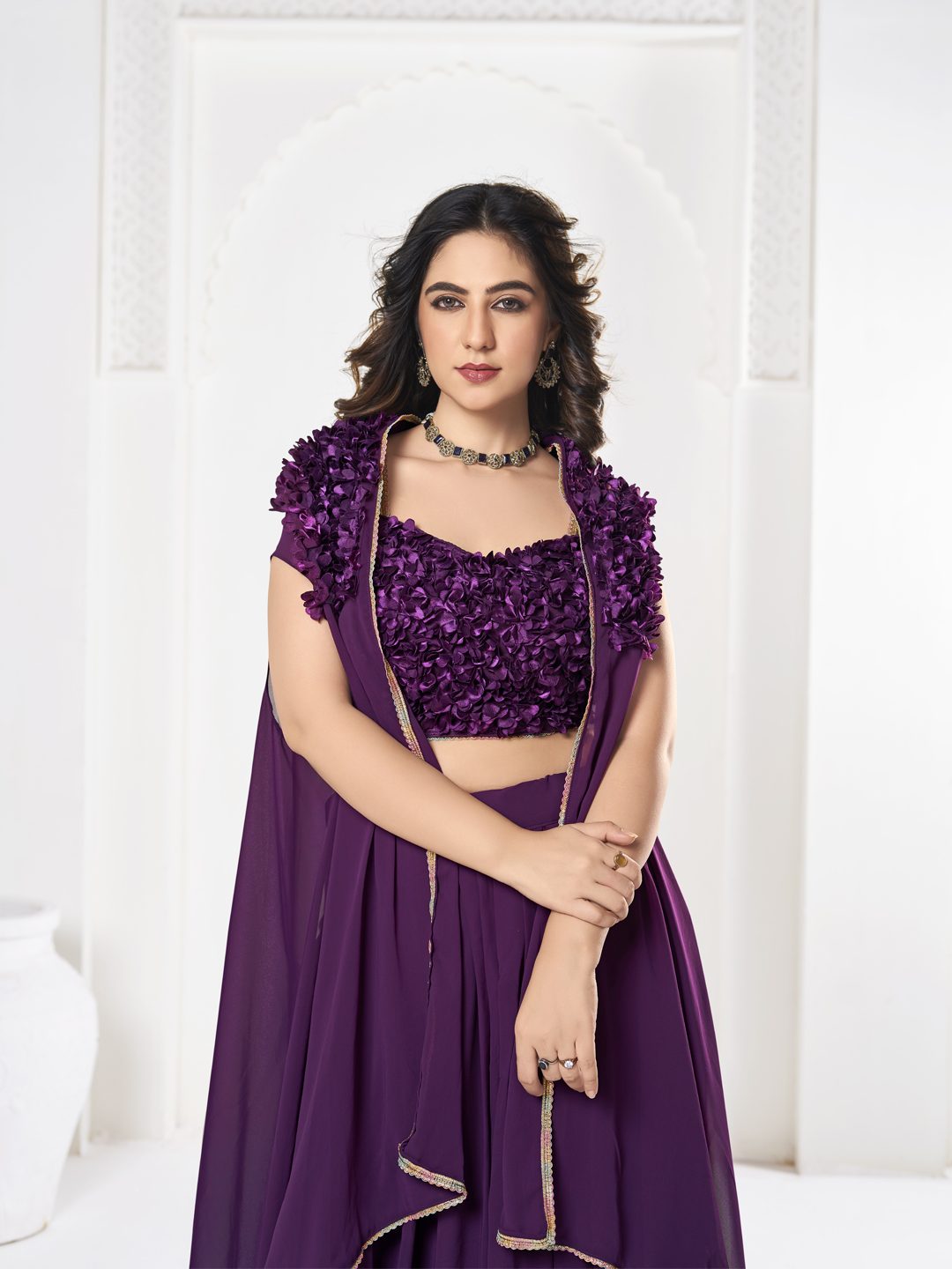 Elegant Purple Sequin Embroidered Festive & Party Wear Semi-Stitched Georgette Lehenga Choli with Ruffle Dupatta