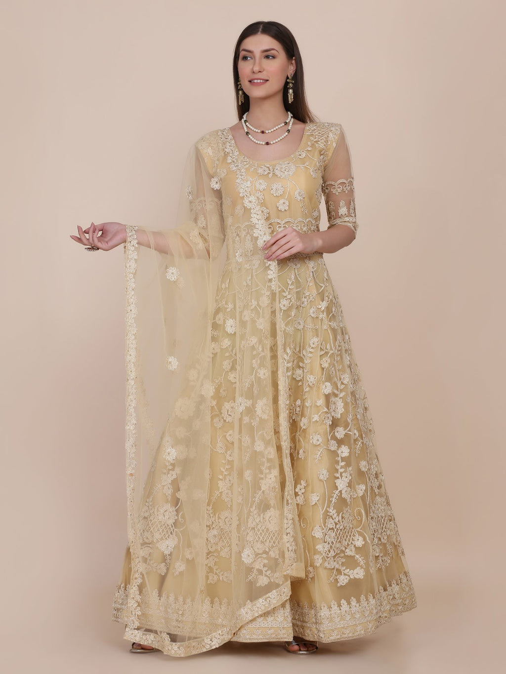 Cream Net Anarkali Suit