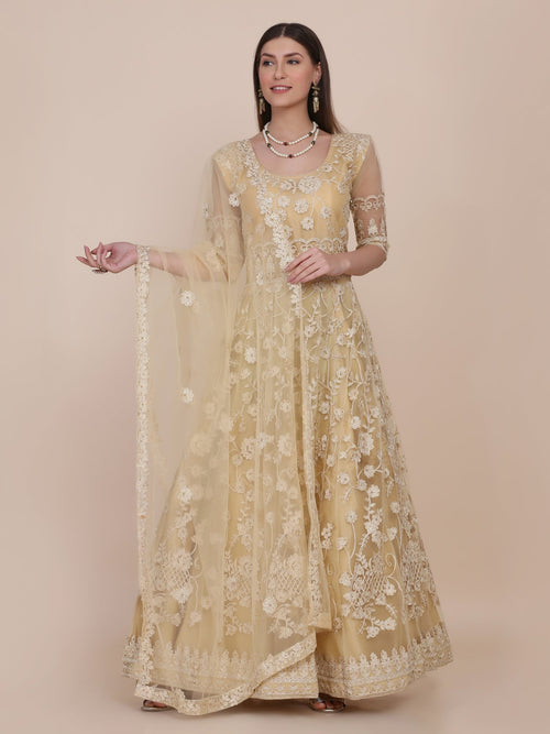 Cream Net Anarkali Suit