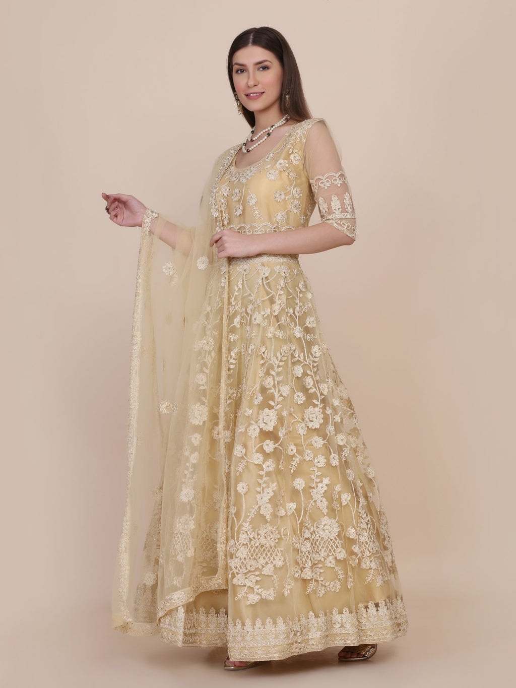 Cream Net Anarkali Suit