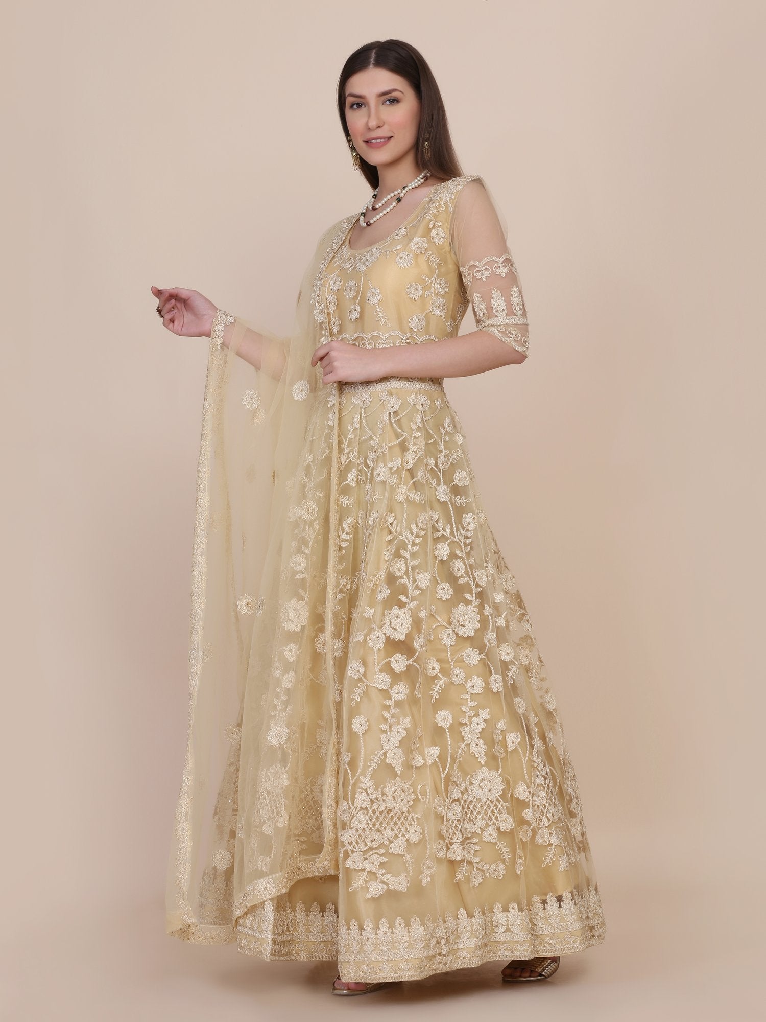 Cream Net Anarkali Suit