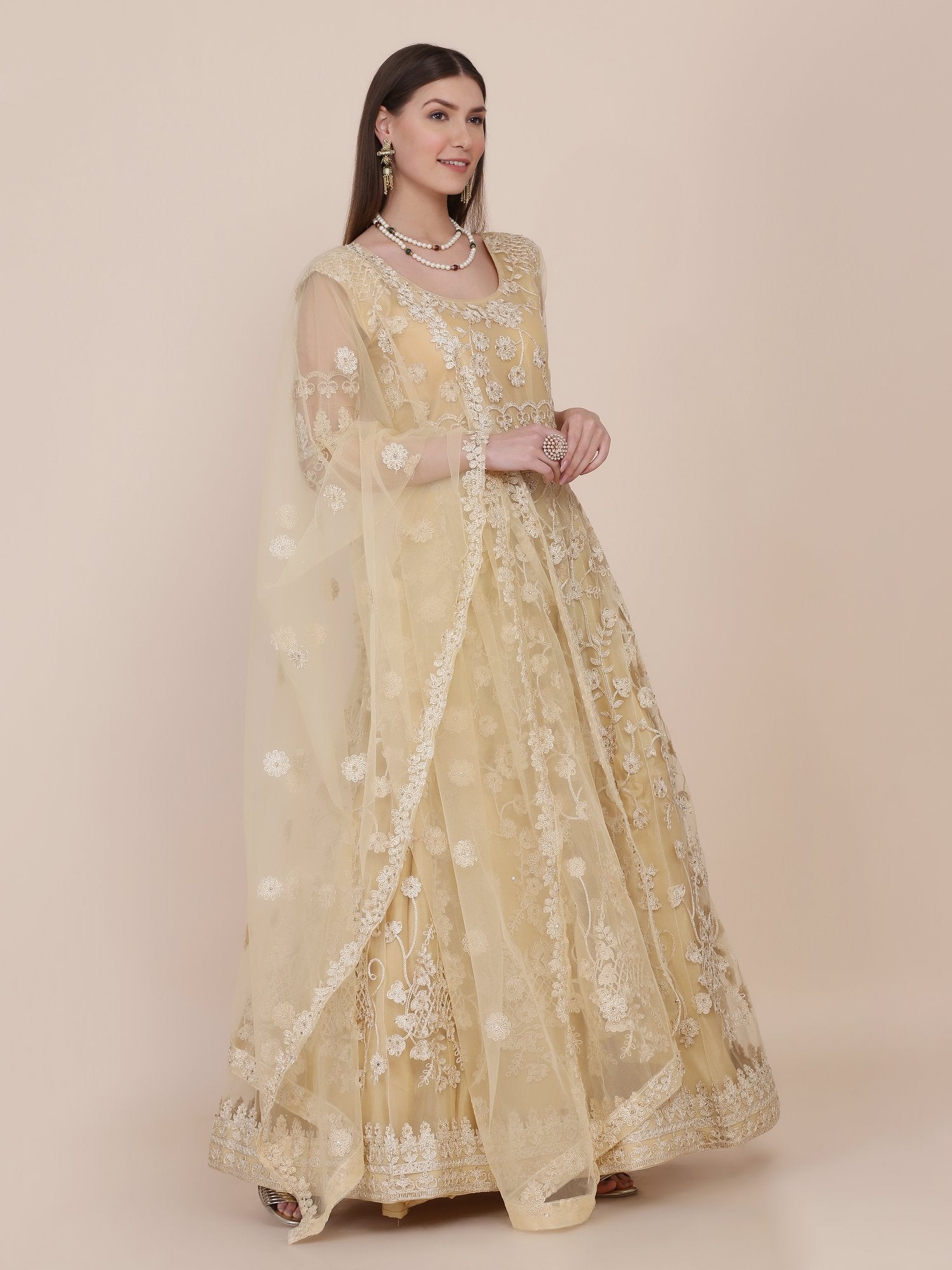 Cream Net Anarkali Suit