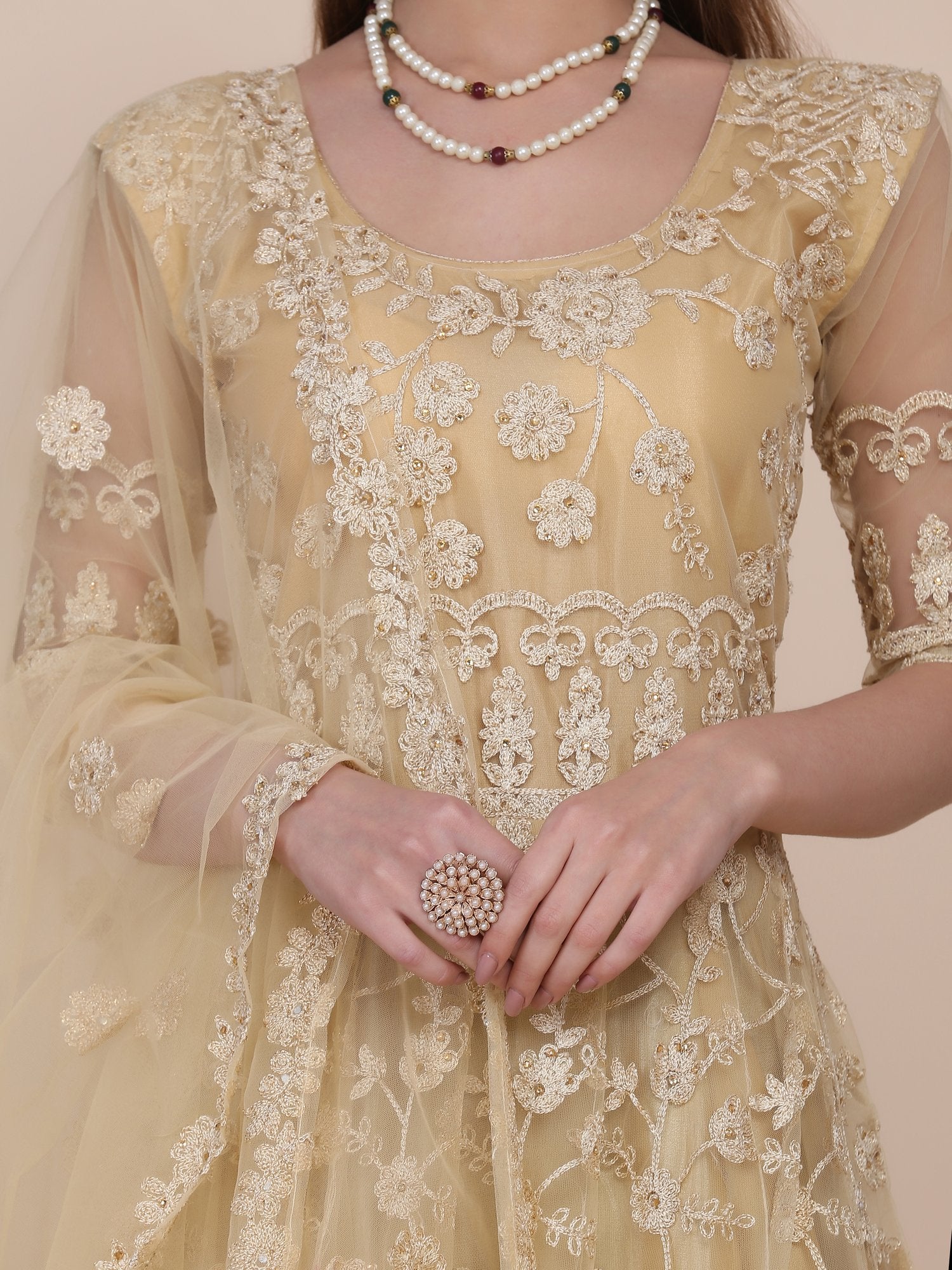 Cream Net Anarkali Suit