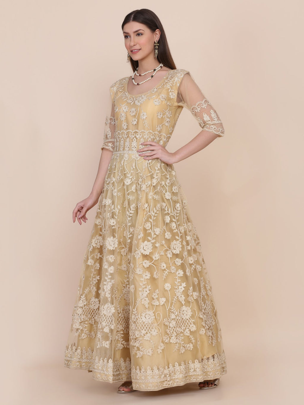 Cream Net Anarkali Suit