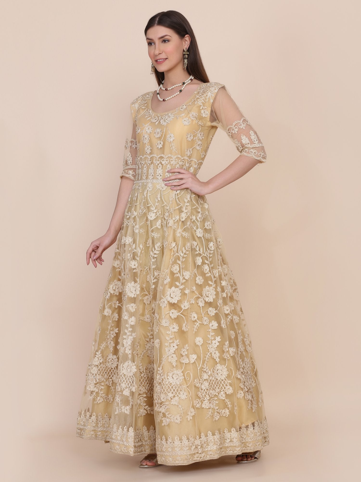 Cream Net Anarkali Suit