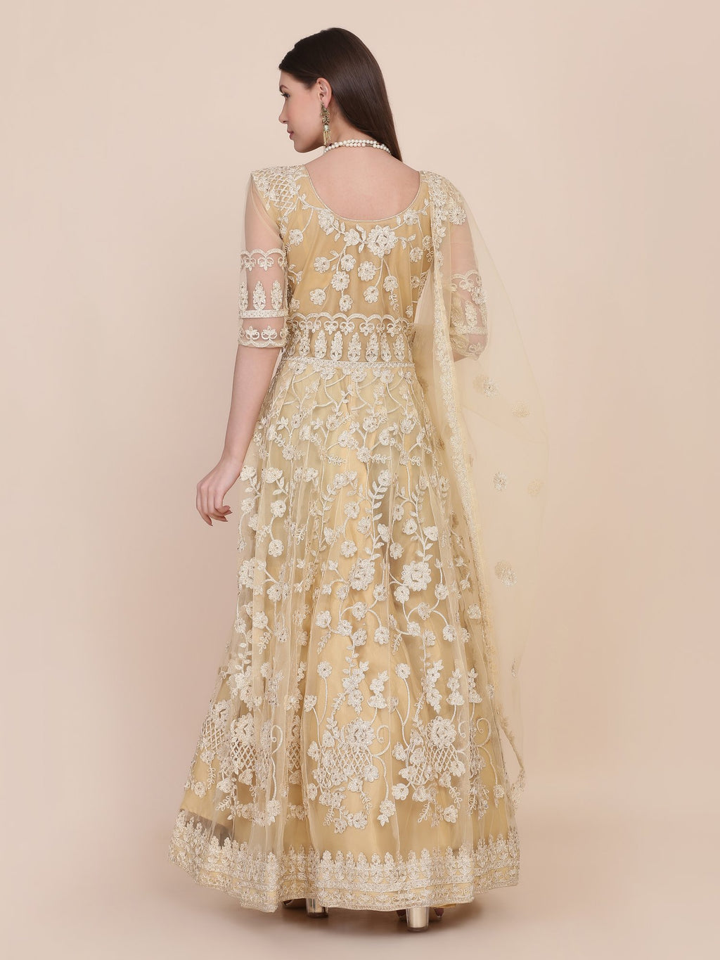 Cream Net Anarkali Suit