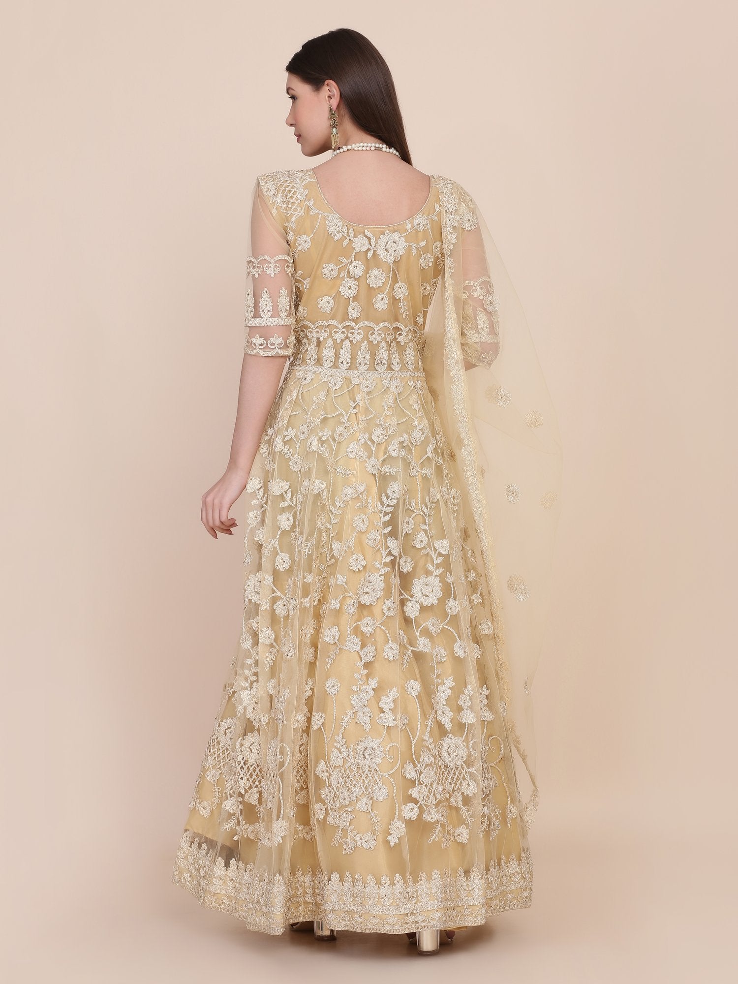 Cream Net Anarkali Suit