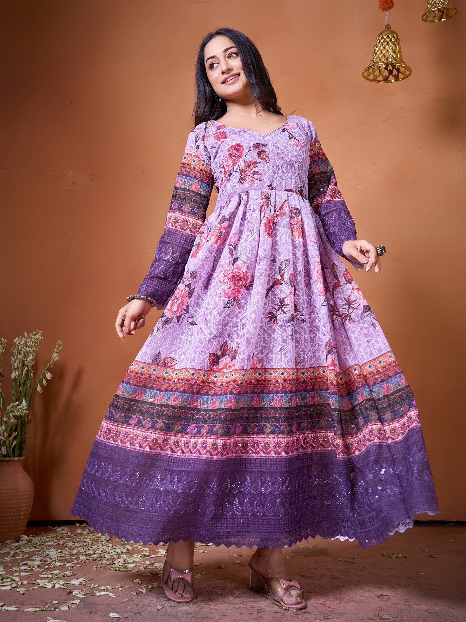 Purple Embroidery Work & Printed Kurti