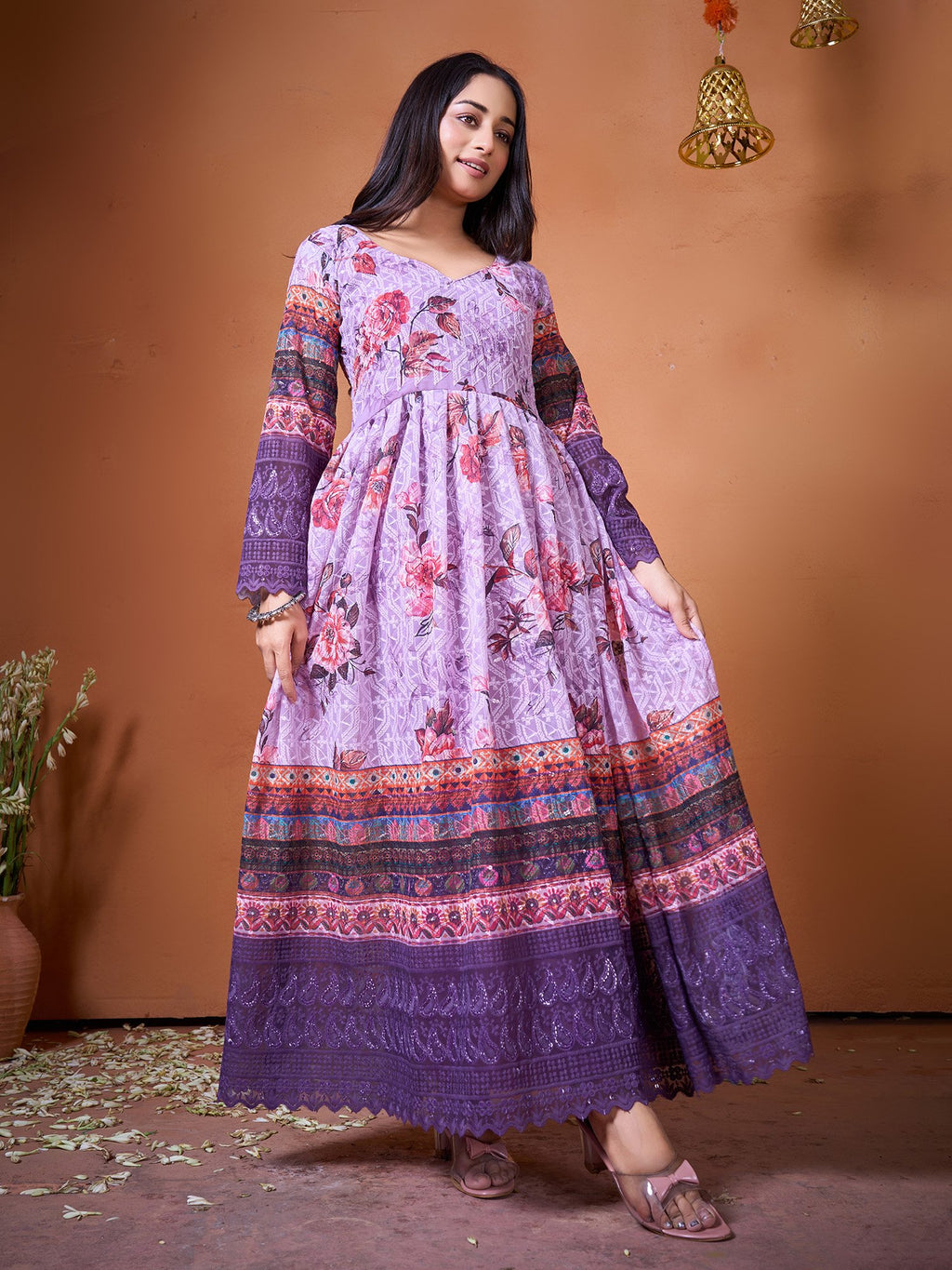 Purple Embroidery Work & Printed Kurti