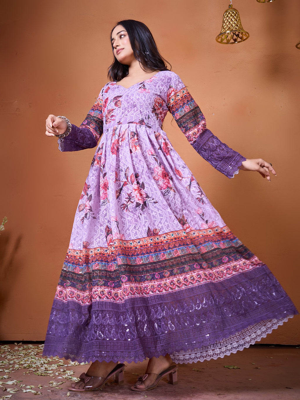 Purple Embroidery Work & Printed Kurti