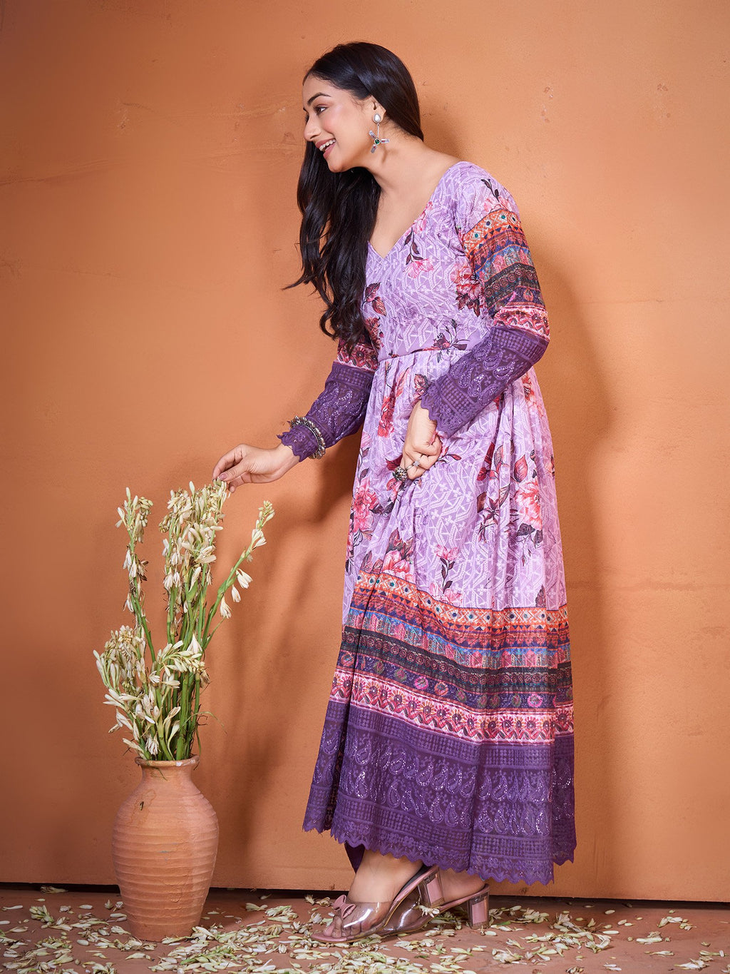 Purple Embroidery Work & Printed Kurti