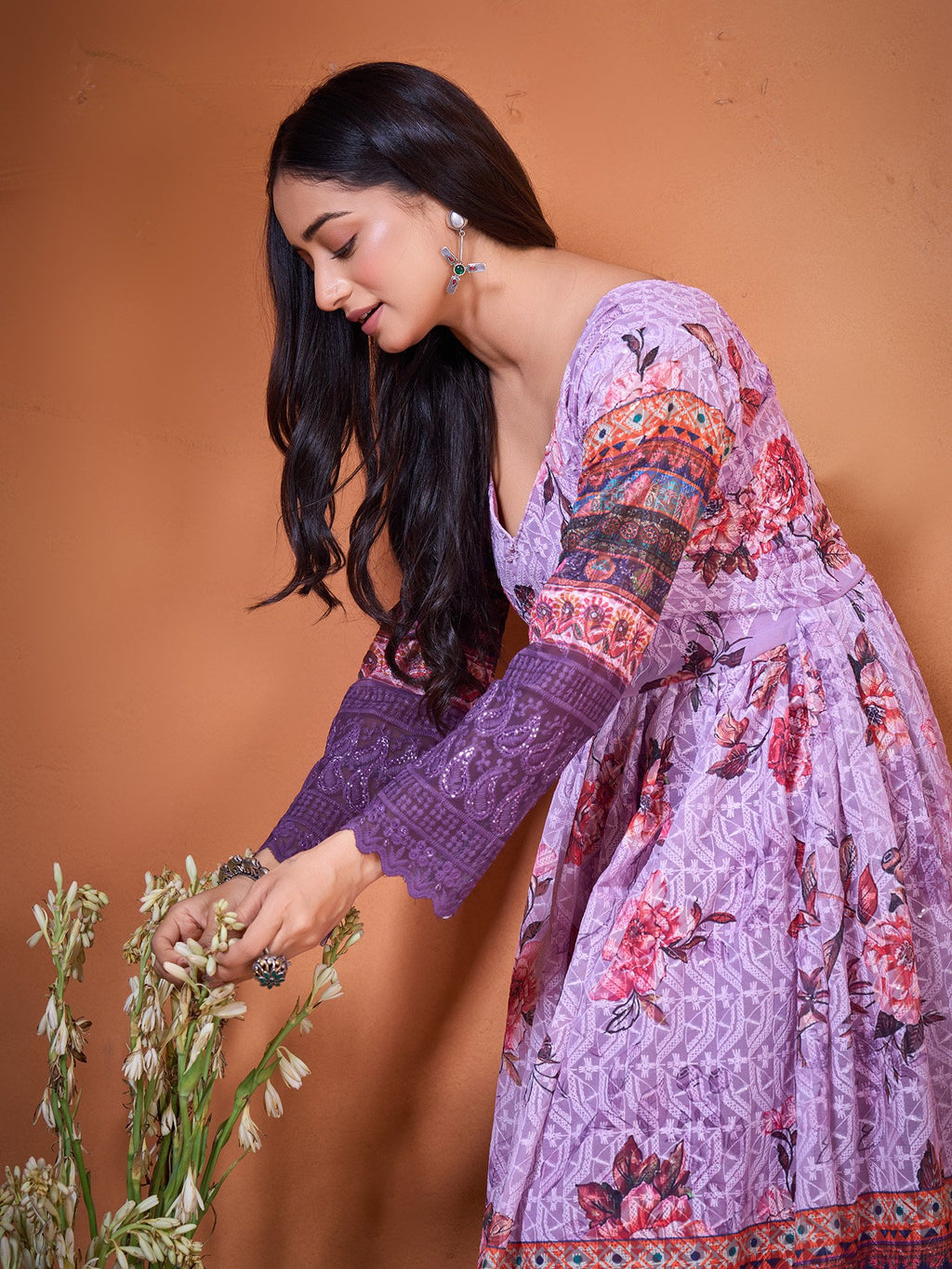 Purple Embroidery Work & Printed Kurti