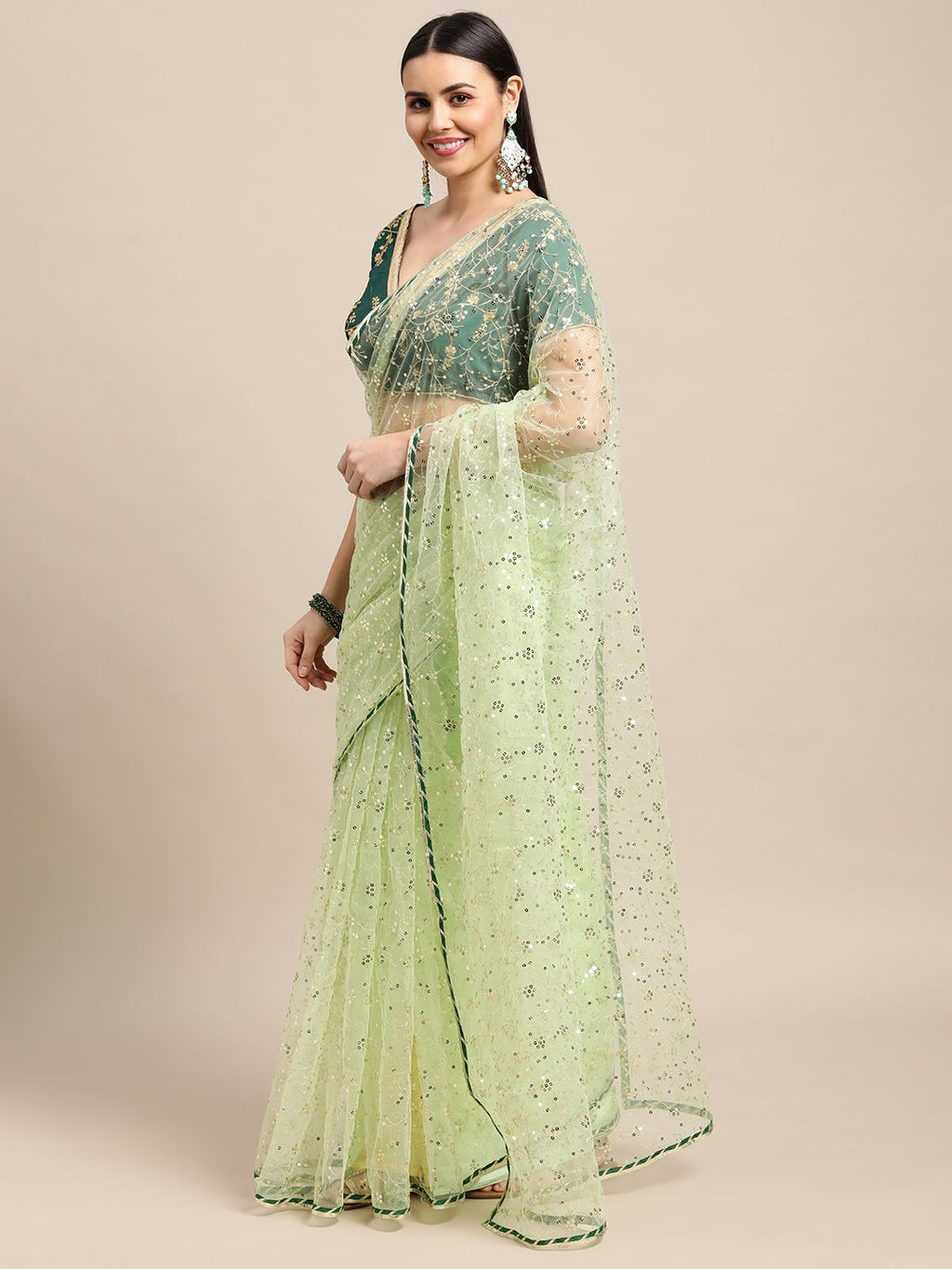 Green Net Saree