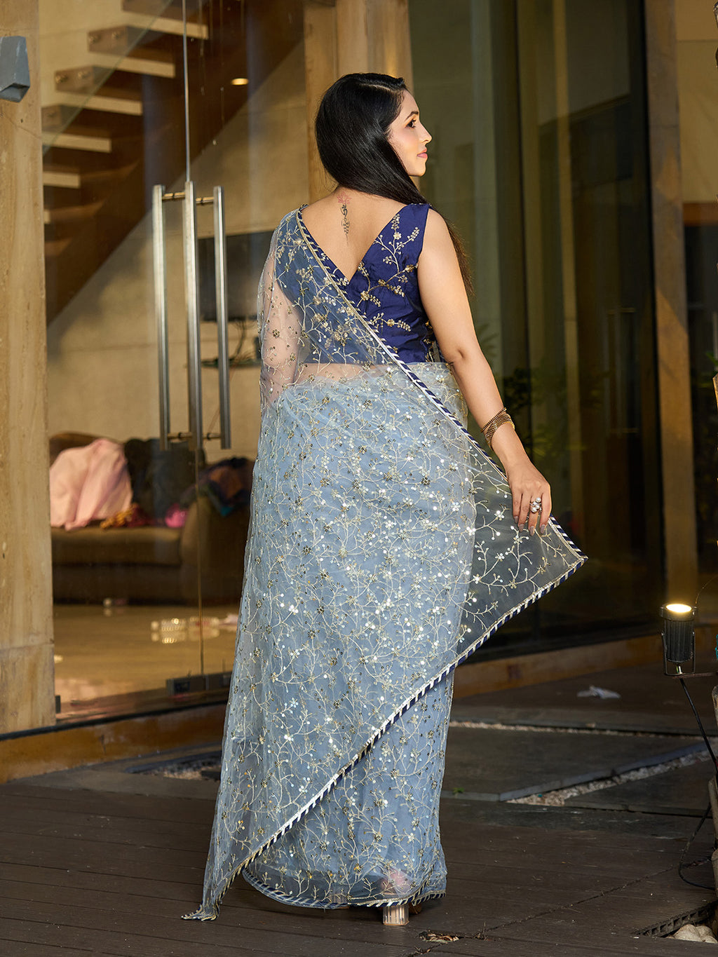 Grey Net Saree