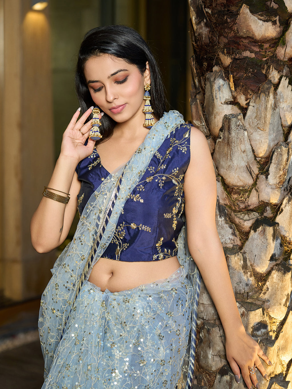 Grey Net Saree