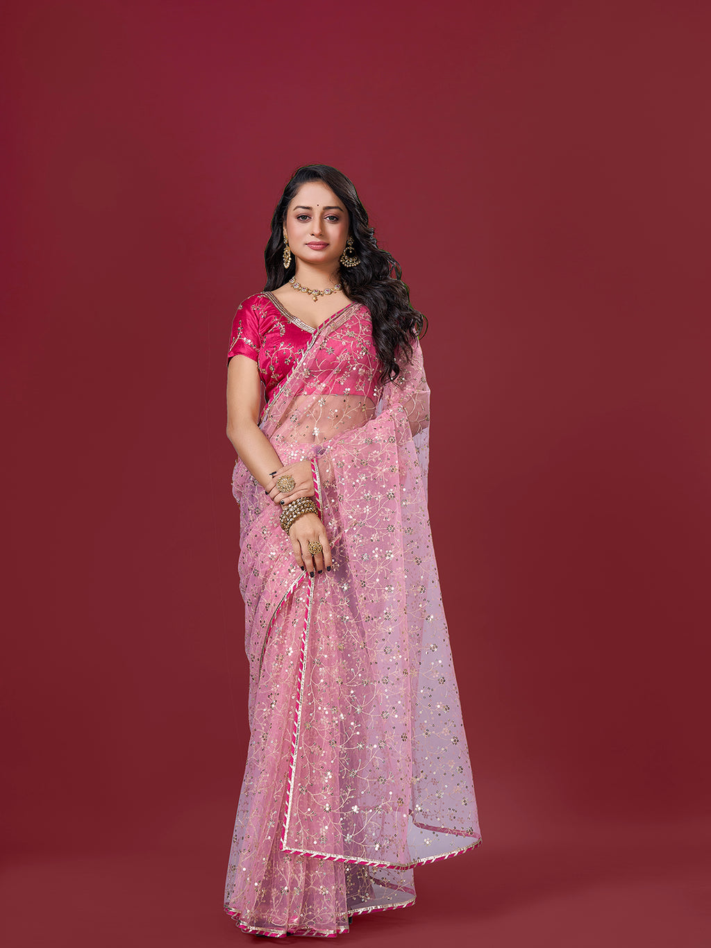 Pink Net Saree