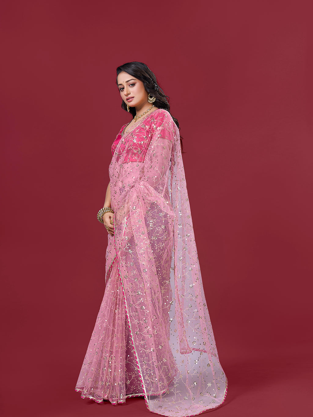Pink Net Saree