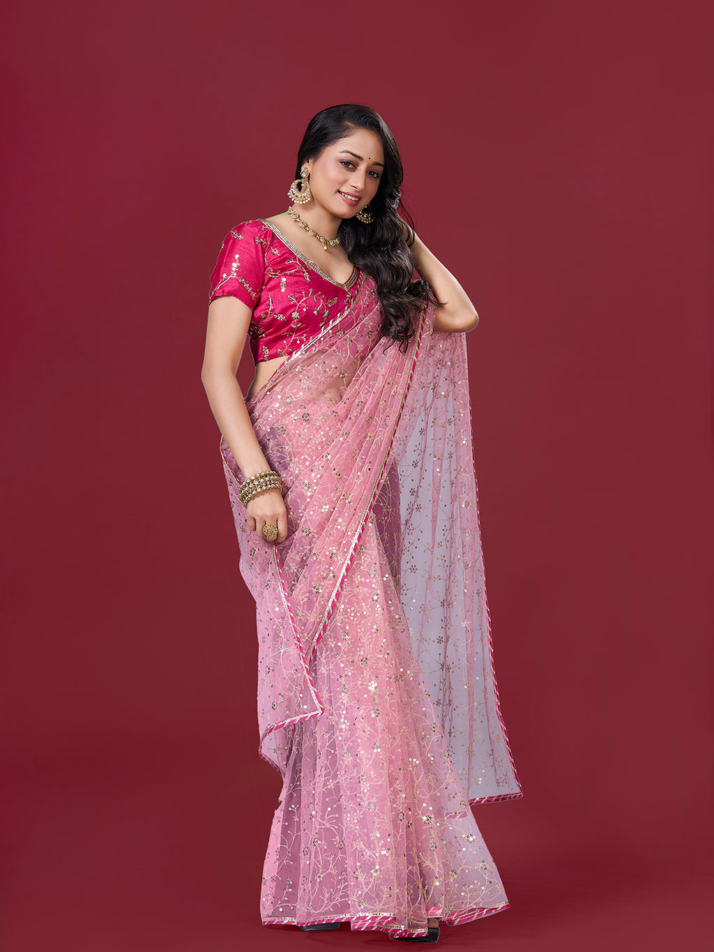 Pink Net Saree
