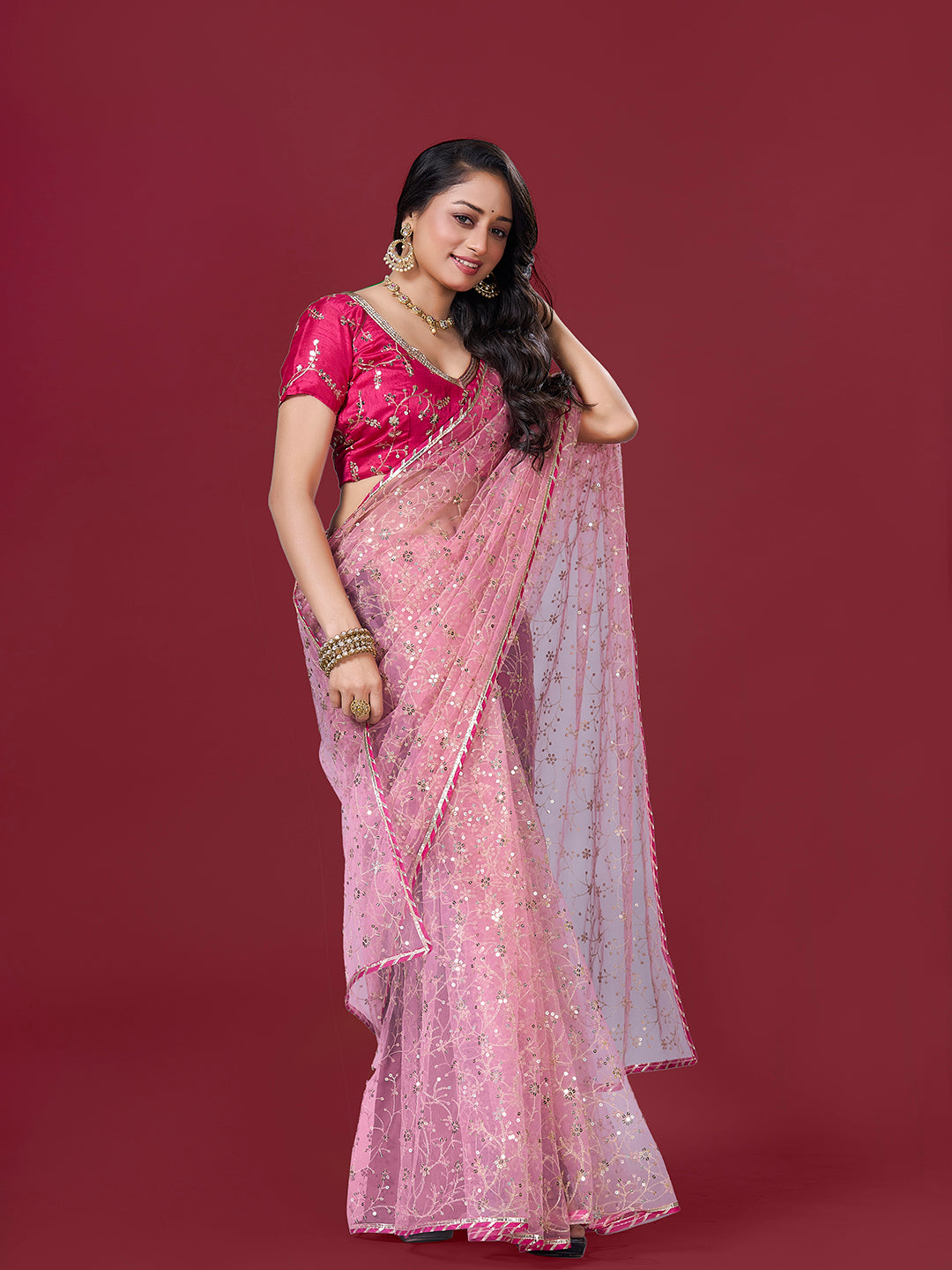Pink Net Saree