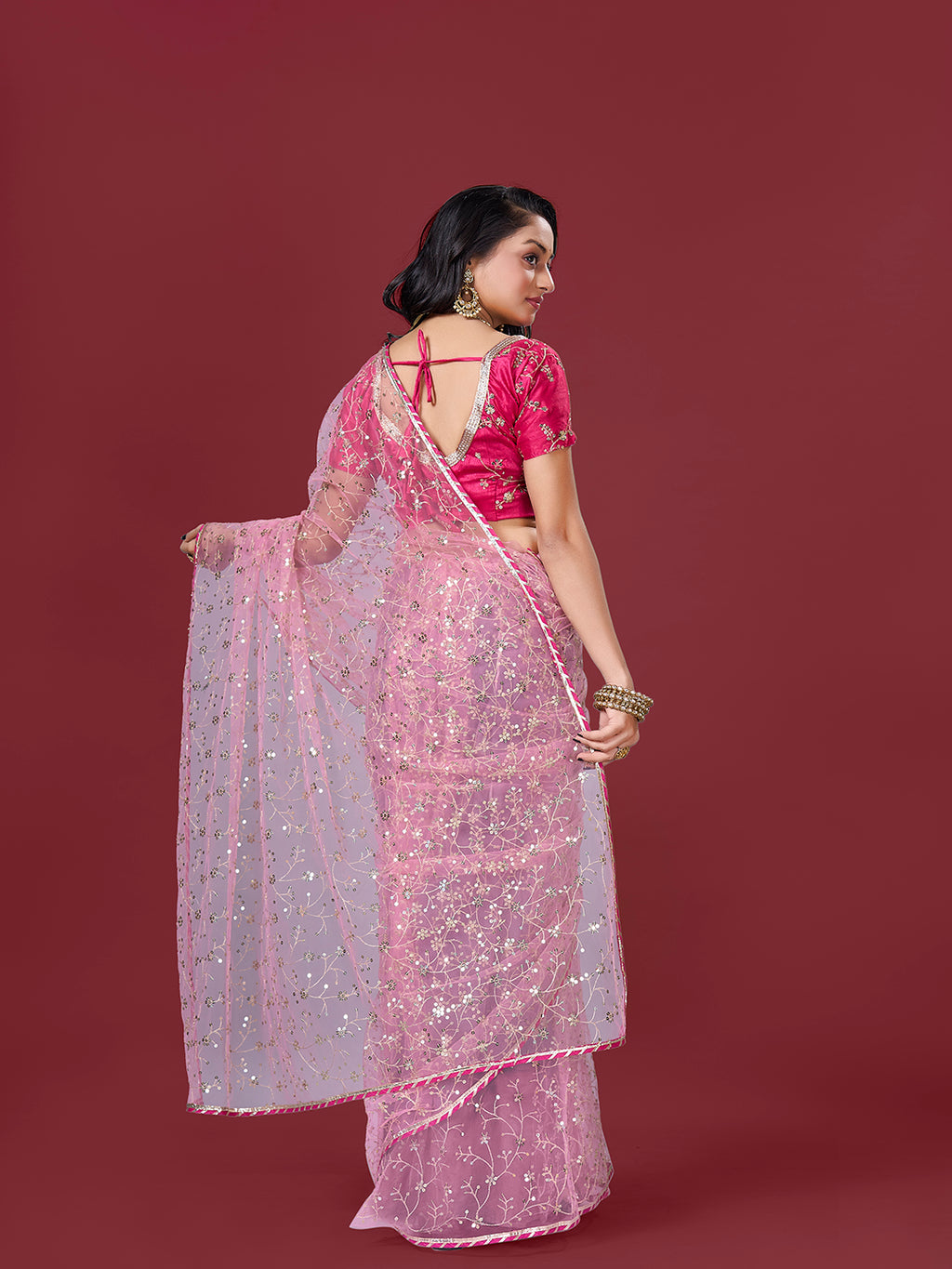 Pink Net Saree