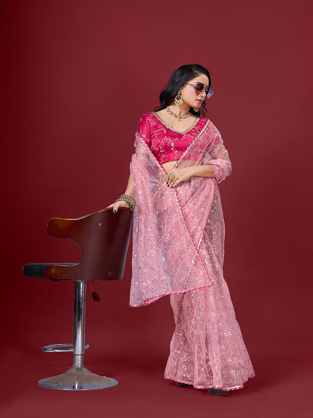 Pink Net Saree